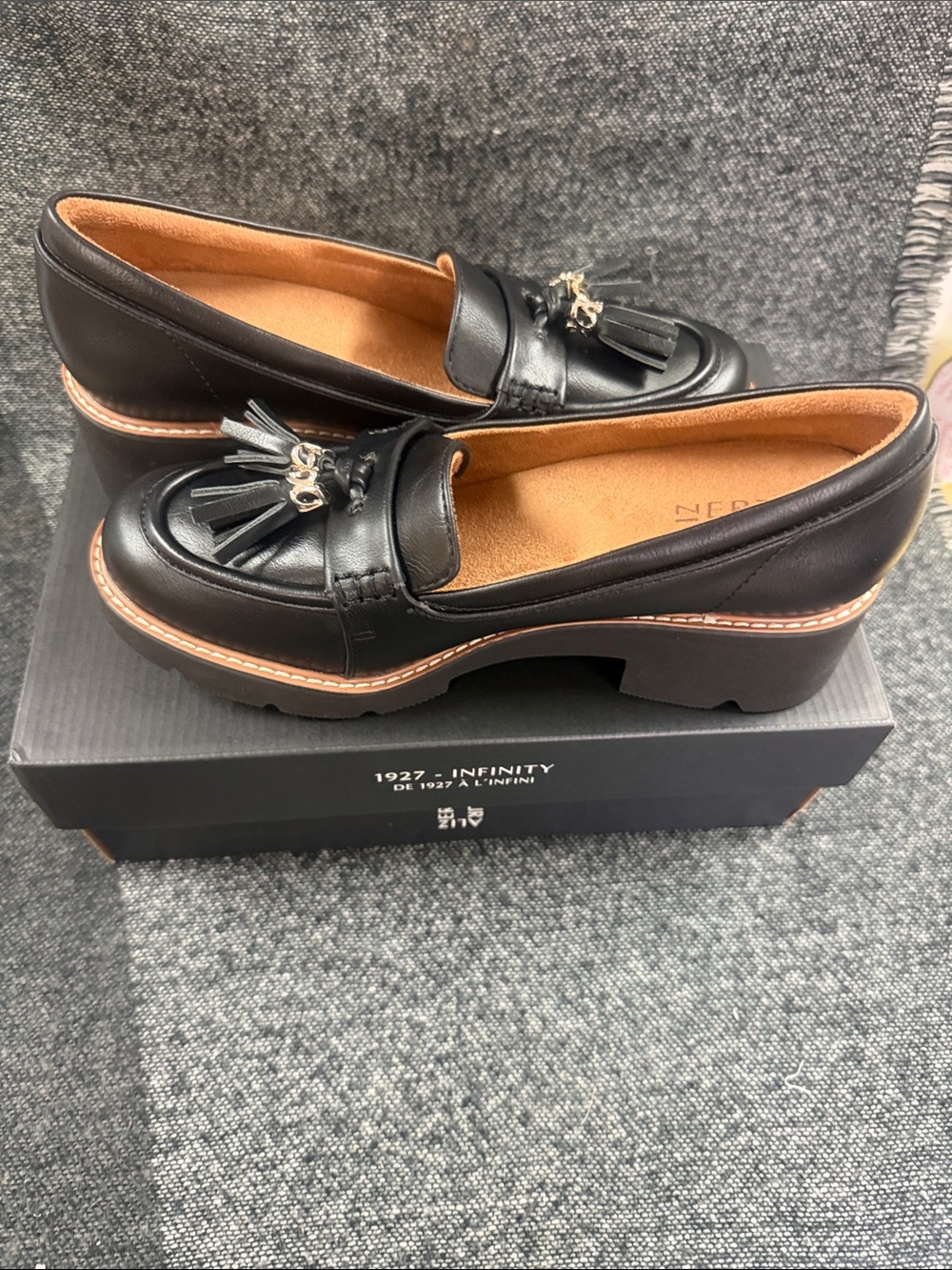 Naturalizer Black Tassel Platform Loafers with Tan Trim